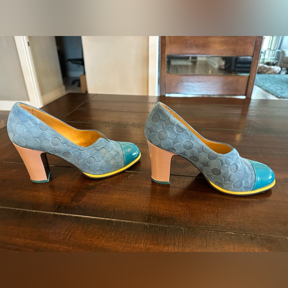 John Fluevog Attic Iris Blue Embossed/Patent Leather Heels 8.5 Women’s